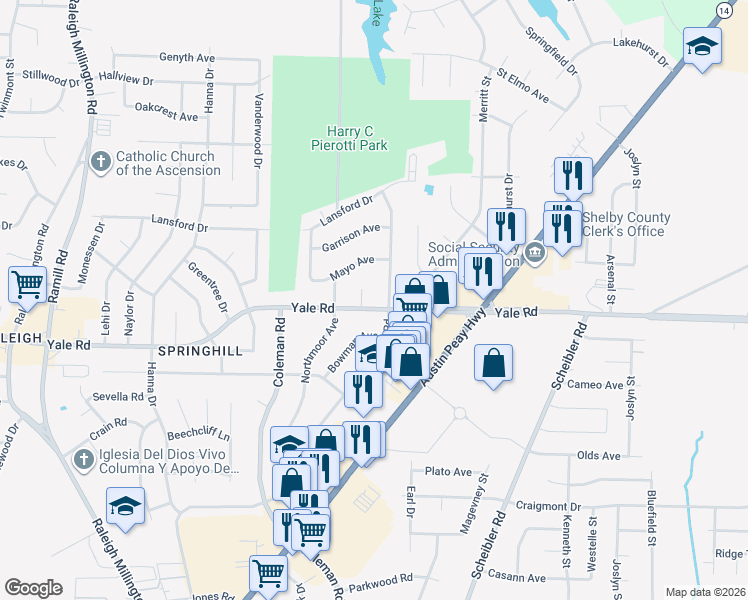 map of restaurants, bars, coffee shops, grocery stores, and more near 4515 Yale Road in Memphis