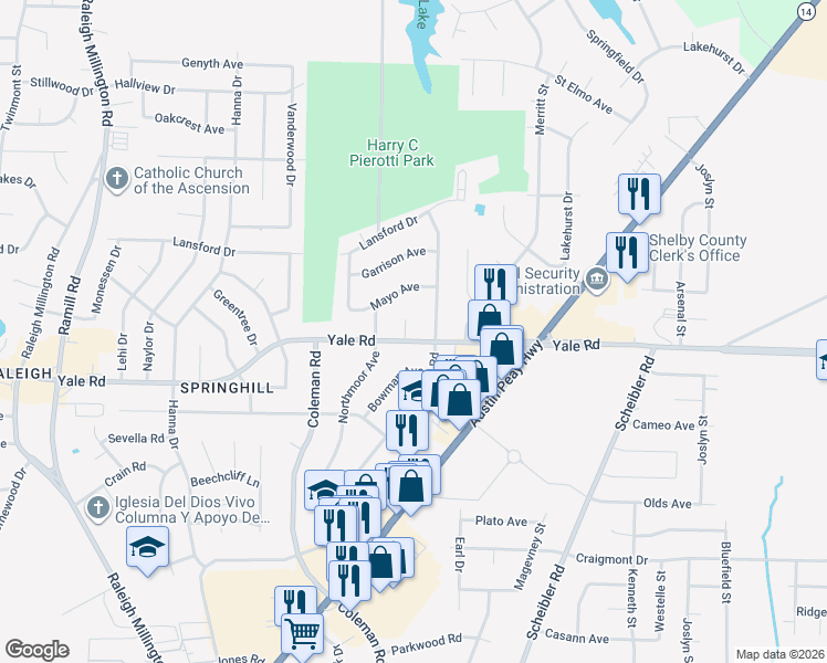 map of restaurants, bars, coffee shops, grocery stores, and more near 4515 Yale Road in Memphis