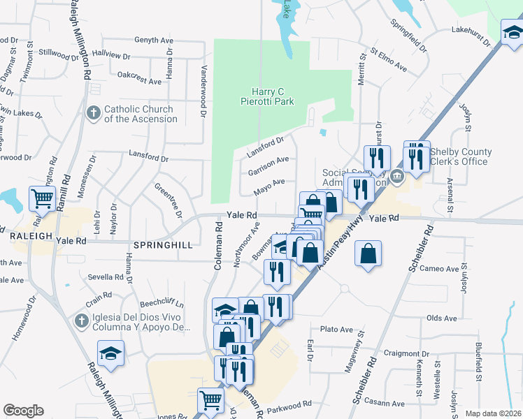 map of restaurants, bars, coffee shops, grocery stores, and more near 4467 Yale Road in Memphis