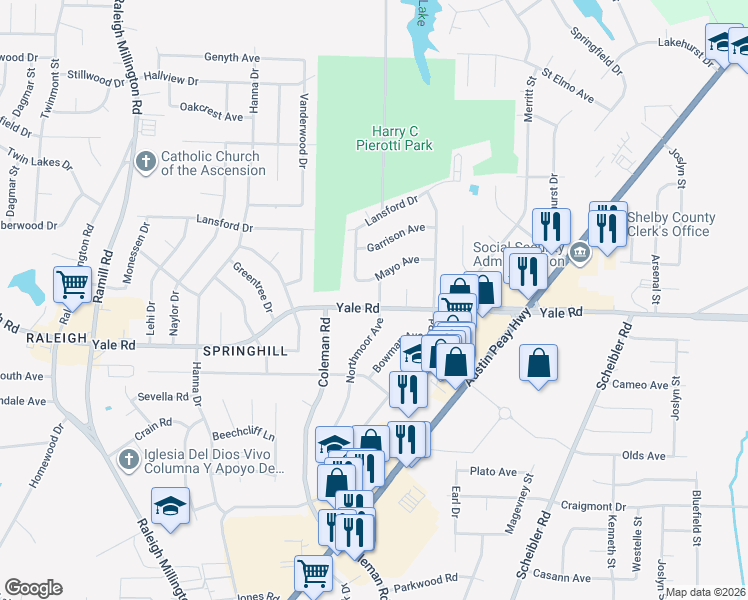 map of restaurants, bars, coffee shops, grocery stores, and more near 4467 Yale Road in Memphis
