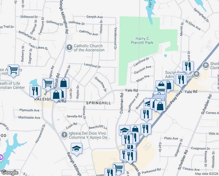 map of restaurants, bars, coffee shops, grocery stores, and more near 4331 Yale Road in Memphis
