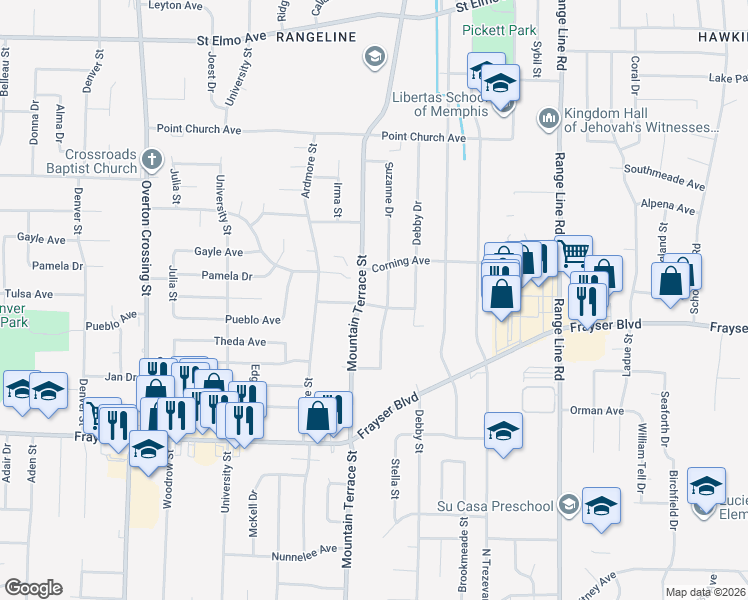 map of restaurants, bars, coffee shops, grocery stores, and more near 3505 Suzanne Drive in Memphis
