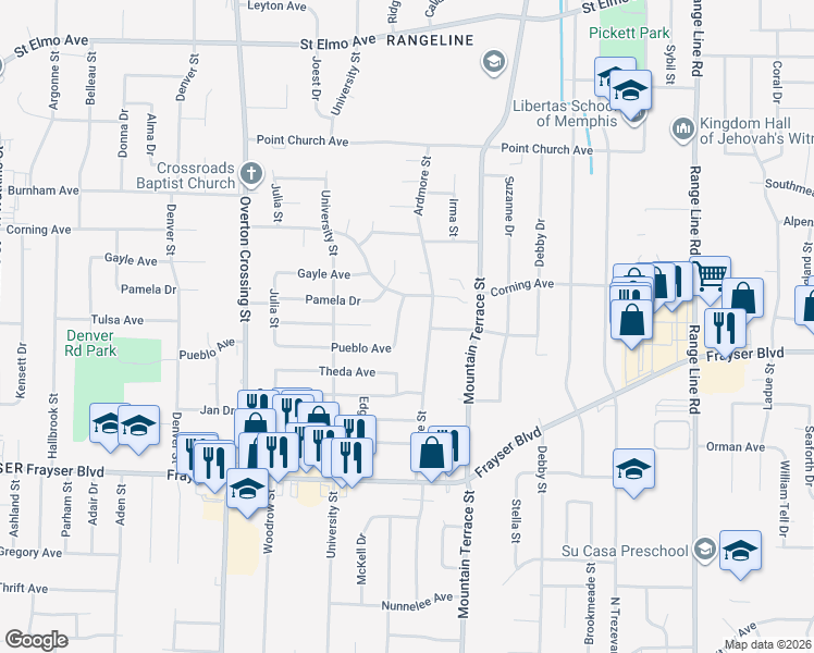 map of restaurants, bars, coffee shops, grocery stores, and more near 3513 Ardmore Street in Memphis