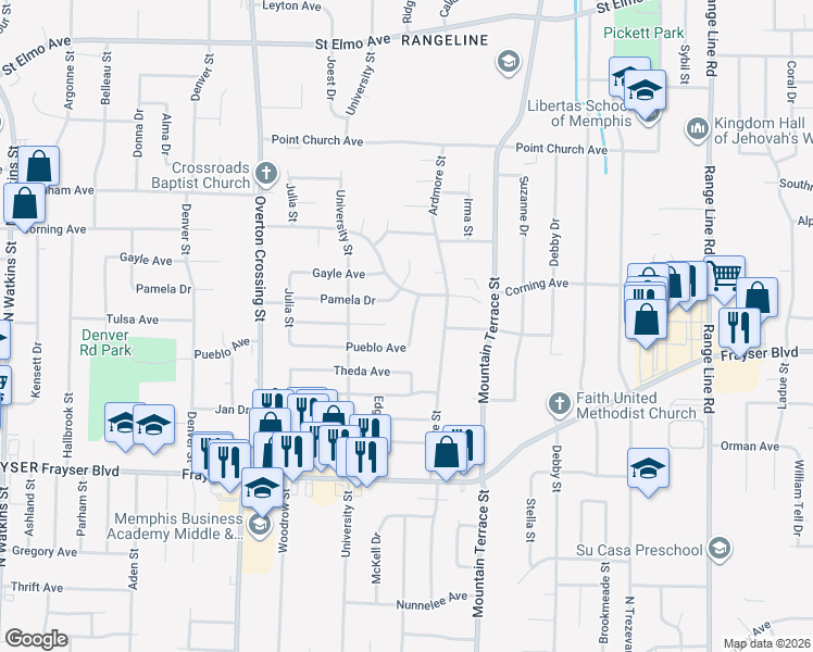 map of restaurants, bars, coffee shops, grocery stores, and more near 2268 Pueblo Avenue in Memphis