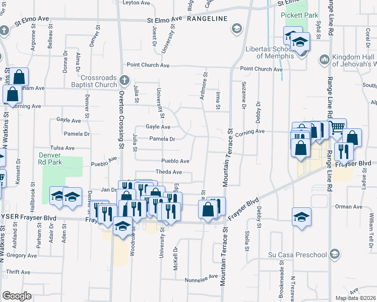map of restaurants, bars, coffee shops, grocery stores, and more near 2268 Pueblo Avenue in Memphis