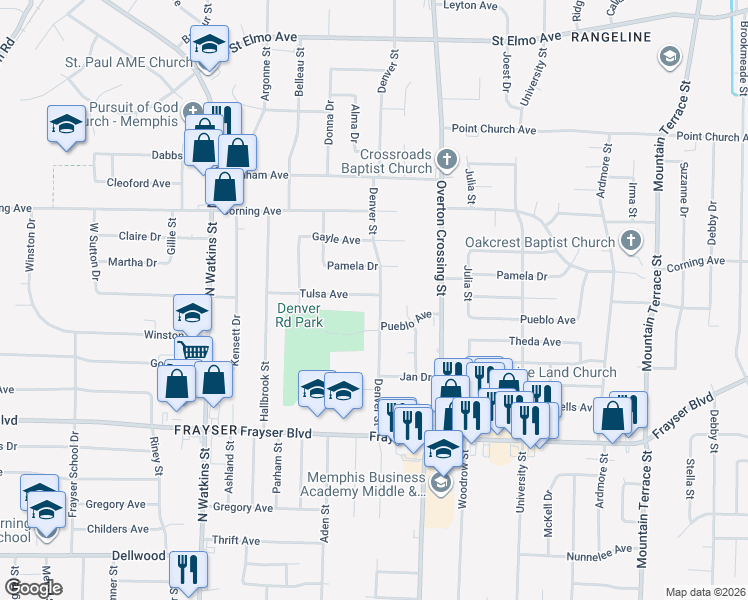 map of restaurants, bars, coffee shops, grocery stores, and more near 3510 Denver Street in Memphis
