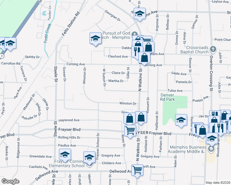 map of restaurants, bars, coffee shops, grocery stores, and more near 1738 Winston Drive in Memphis