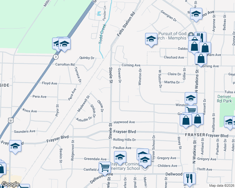 map of restaurants, bars, coffee shops, grocery stores, and more near 3506 Gowan Drive in Memphis
