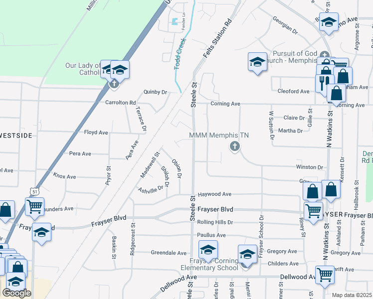 map of restaurants, bars, coffee shops, grocery stores, and more near 3507 Steele Street in Memphis
