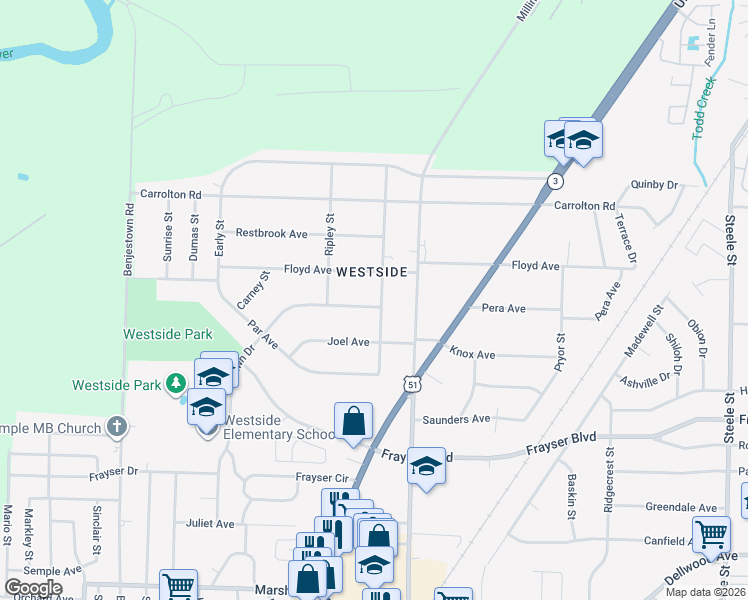 map of restaurants, bars, coffee shops, grocery stores, and more near 1009 Dawn Drive in Memphis