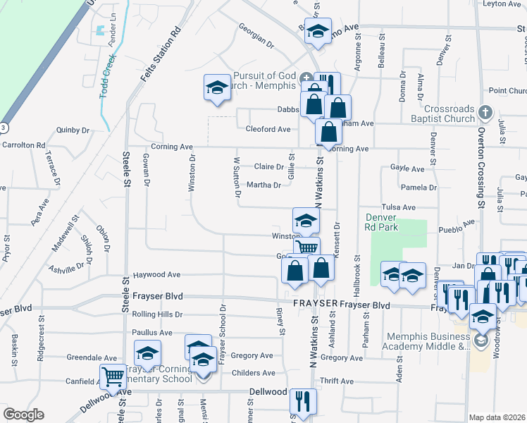 map of restaurants, bars, coffee shops, grocery stores, and more near 1738 Winston Drive in Memphis
