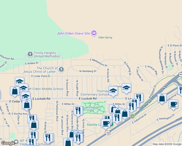 map of restaurants, bars, coffee shops, grocery stores, and more near 2785 North Hemberg Drive in Flagstaff