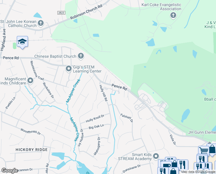 map of restaurants, bars, coffee shops, grocery stores, and more near 7529 Holly Grove Court in Charlotte