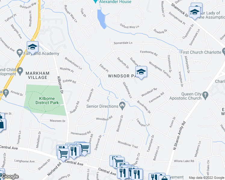 map of restaurants, bars, coffee shops, grocery stores, and more near 2237 Birchcrest Drive in Charlotte