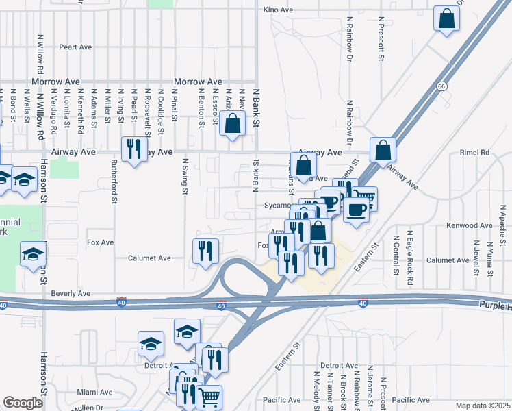 map of restaurants, bars, coffee shops, grocery stores, and more near 3355 N Bank St in Kingman