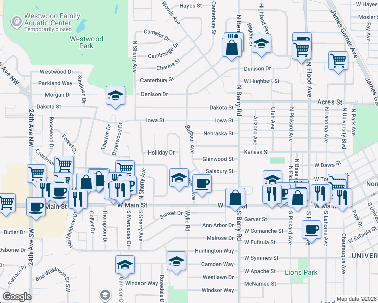 map of restaurants, bars, coffee shops, grocery stores, and more near 241 Barbour Avenue in Norman