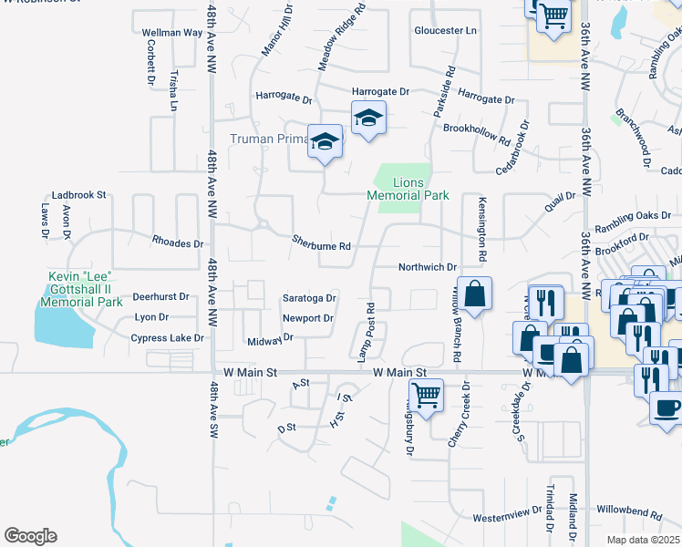 map of restaurants, bars, coffee shops, grocery stores, and more near 301 Victory Court in Norman