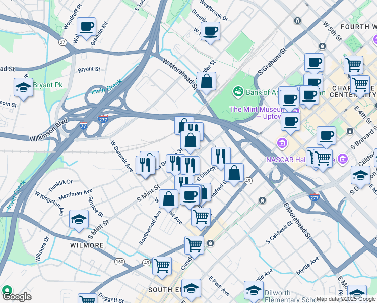 map of restaurants, bars, coffee shops, grocery stores, and more near 1200 South Mint Street in Charlotte