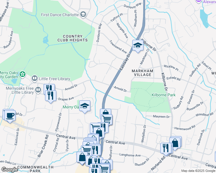map of restaurants, bars, coffee shops, grocery stores, and more near 2642 Arnold Drive in Charlotte