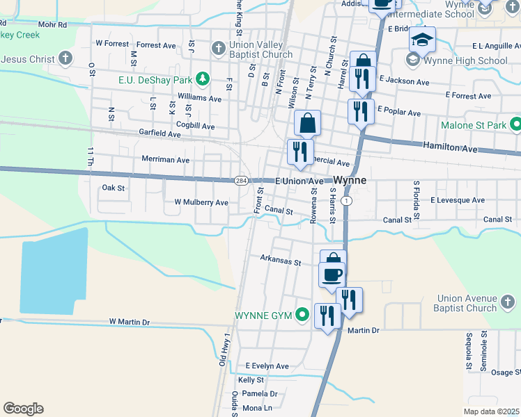 map of restaurants, bars, coffee shops, grocery stores, and more near 302 Front Street South in Wynne