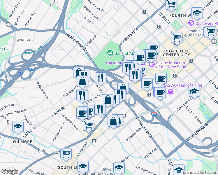 map of restaurants, bars, coffee shops, grocery stores, and more near 135 North Carolina 49 in Charlotte