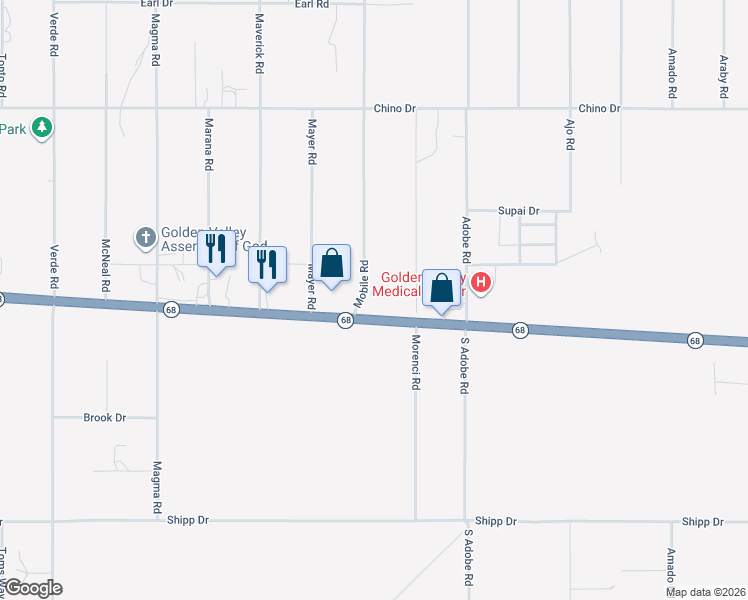 map of restaurants, bars, coffee shops, grocery stores, and more near 5101 Arizona 68 in Golden Valley
