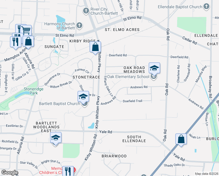 map of restaurants, bars, coffee shops, grocery stores, and more near 6884 Andrews Road in Bartlett
