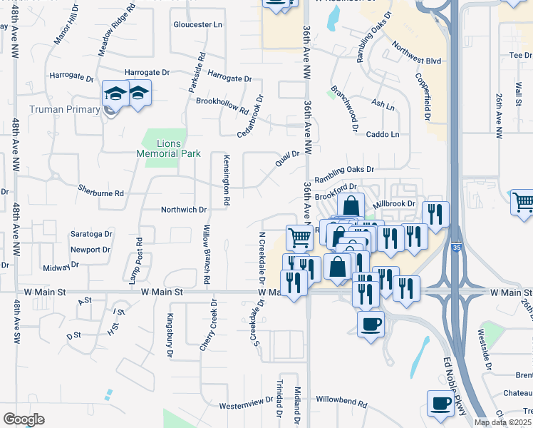 map of restaurants, bars, coffee shops, grocery stores, and more near 3767 River Oaks Drive in Norman