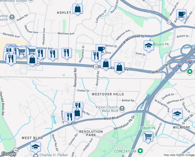 map of restaurants, bars, coffee shops, grocery stores, and more near 2401 Berryhill Road in Charlotte