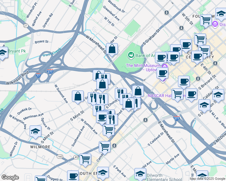map of restaurants, bars, coffee shops, grocery stores, and more near 1115 South Mint Street in Charlotte