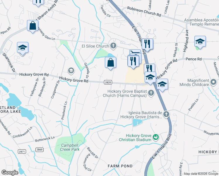 map of restaurants, bars, coffee shops, grocery stores, and more near 4638 Hobbs Hill Drive in Charlotte