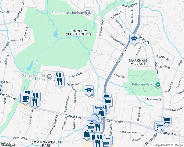 map of restaurants, bars, coffee shops, grocery stores, and more near 3528 Draper Avenue in Charlotte