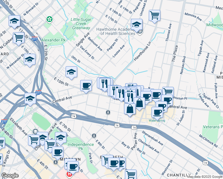 map of restaurants, bars, coffee shops, grocery stores, and more near in Charlotte