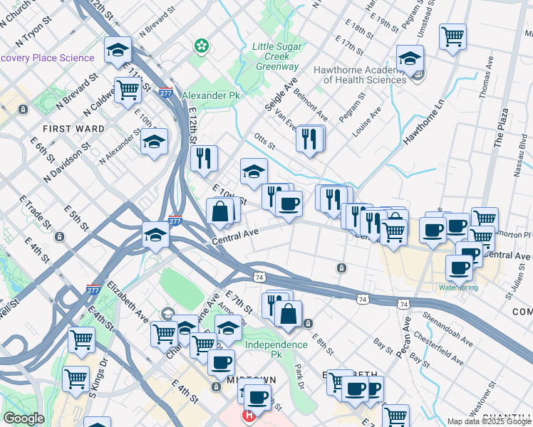 map of restaurants, bars, coffee shops, grocery stores, and more near in Charlotte
