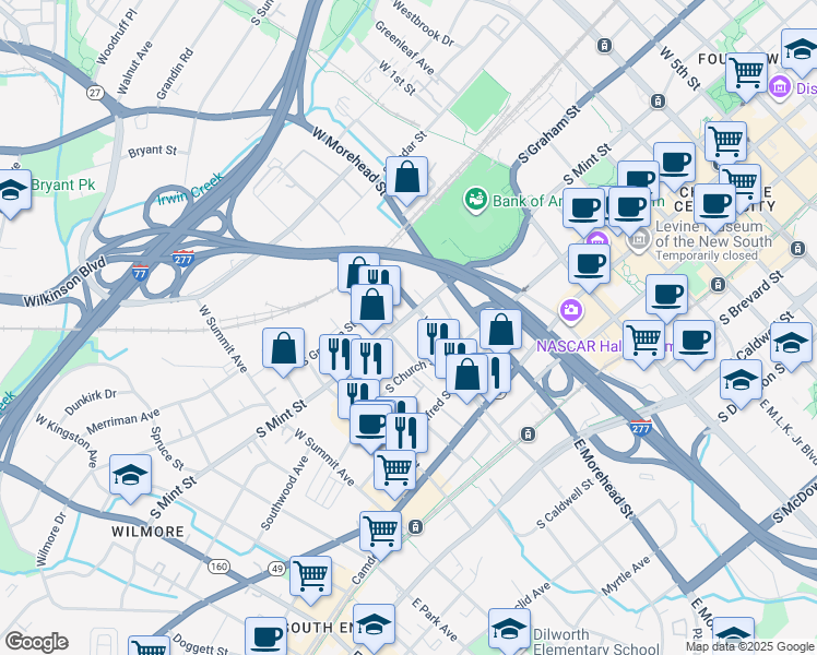 map of restaurants, bars, coffee shops, grocery stores, and more near 321 West Palmer Street in Charlotte