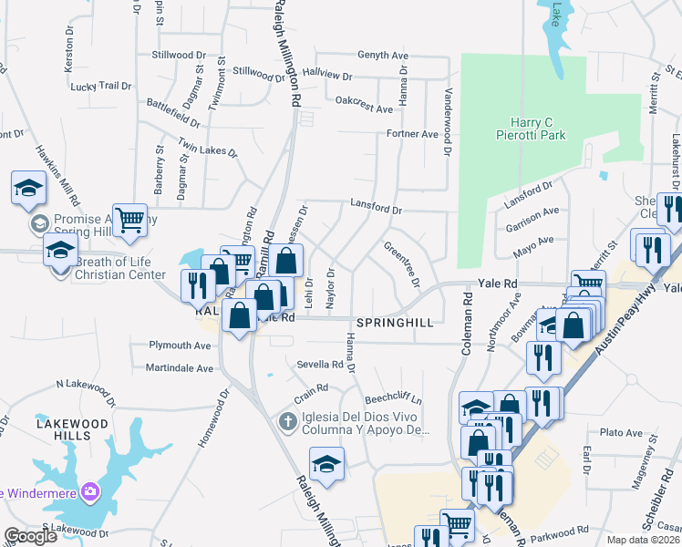 map of restaurants, bars, coffee shops, grocery stores, and more near 3508 Naylor Drive in Memphis