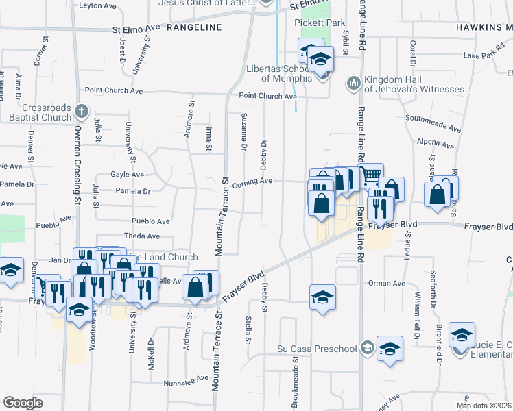 map of restaurants, bars, coffee shops, grocery stores, and more near 2465 Millbrook Avenue in Memphis