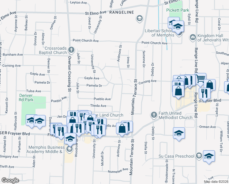 map of restaurants, bars, coffee shops, grocery stores, and more near 3513 Ardmore Street in Memphis