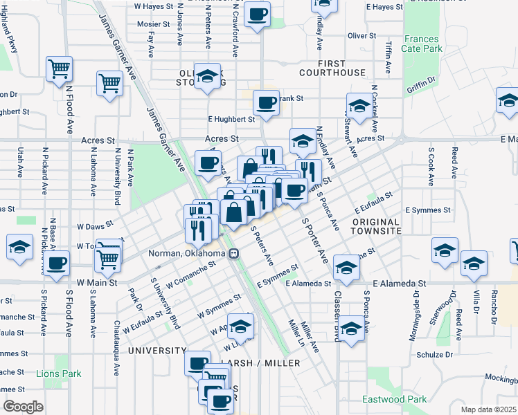 map of restaurants, bars, coffee shops, grocery stores, and more near 200 East Main Street in Norman