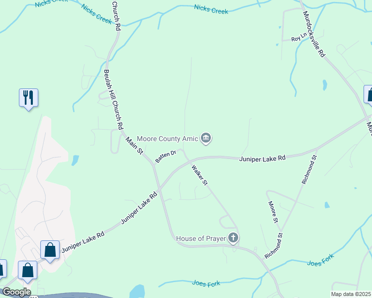 map of restaurants, bars, coffee shops, grocery stores, and more near Tram Road in Moore County