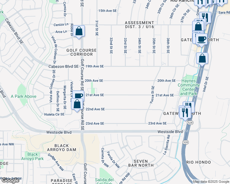 map of restaurants, bars, coffee shops, grocery stores, and more near 3209 21st Avenue Southeast in Rio Rancho