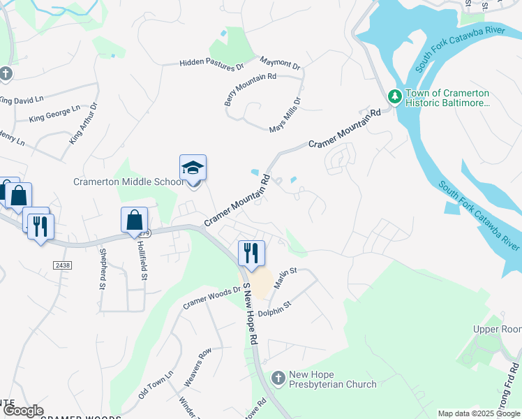map of restaurants, bars, coffee shops, grocery stores, and more near 500 Cramer Mountain Road in Cramerton