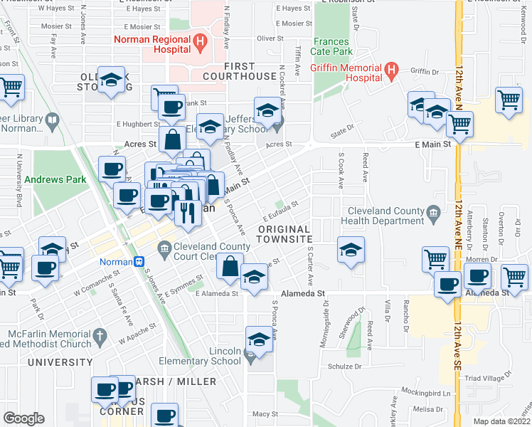 map of restaurants, bars, coffee shops, grocery stores, and more near 605 East Eufaula Street in Norman