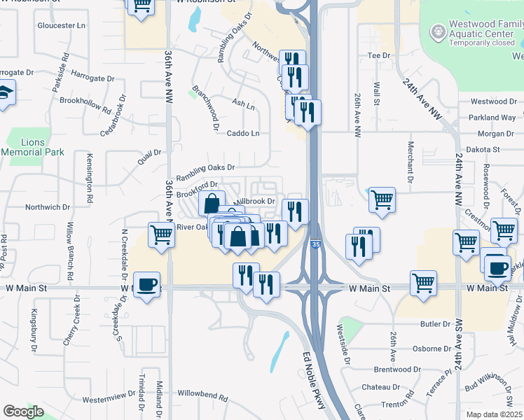 map of restaurants, bars, coffee shops, grocery stores, and more near 3101 Millbrook Drive in Norman