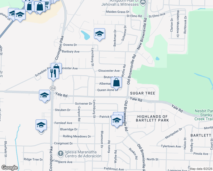 map of restaurants, bars, coffee shops, grocery stores, and more near 5317 Albemarle Drive in Memphis