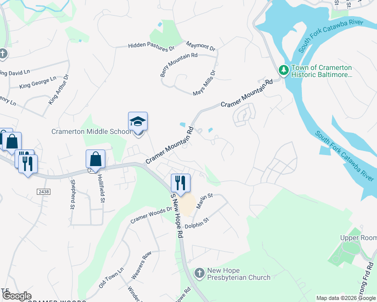 map of restaurants, bars, coffee shops, grocery stores, and more near 500 Cramer Mountain Road in Cramerton