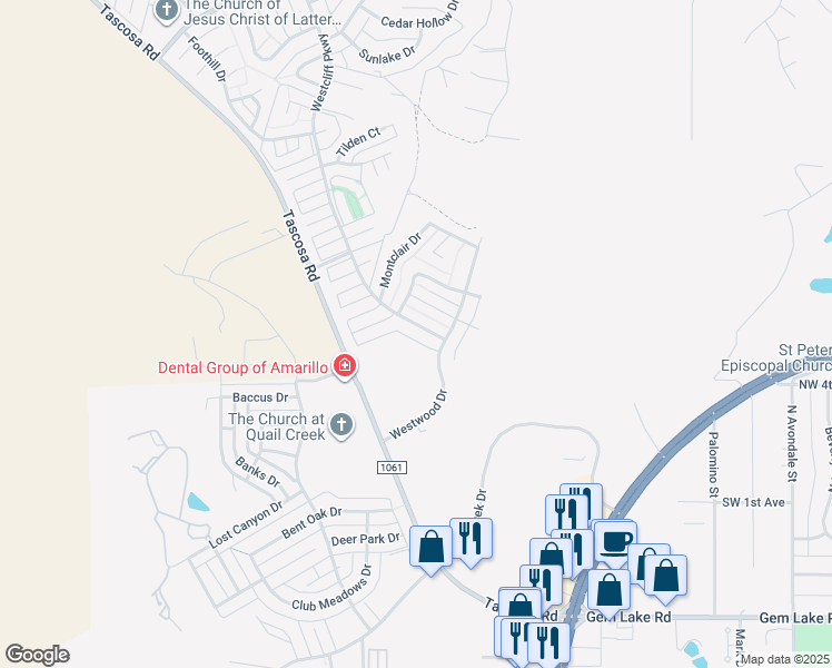 map of restaurants, bars, coffee shops, grocery stores, and more near 6309 Westcliff Parkway in Amarillo