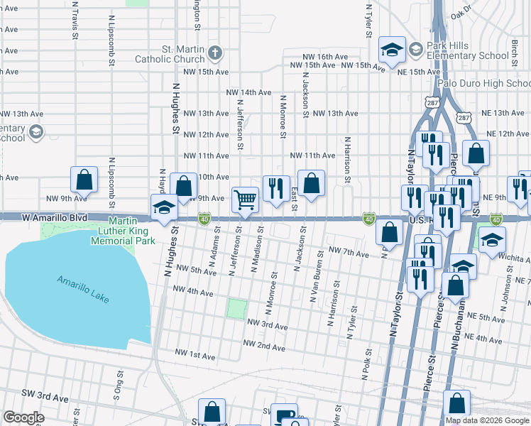 map of restaurants, bars, coffee shops, grocery stores, and more near 601-699 Northwest 9th Avenue in Amarillo