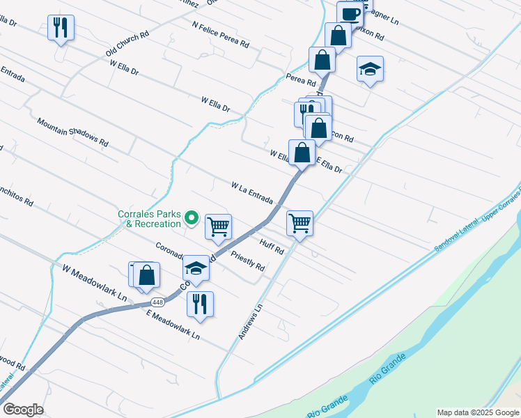 map of restaurants, bars, coffee shops, grocery stores, and more near 4313 Corrales Road in Corrales