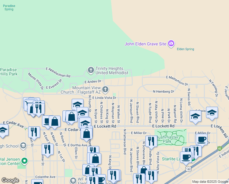 map of restaurants, bars, coffee shops, grocery stores, and more near 2241 East Forest Heights Drive in Flagstaff